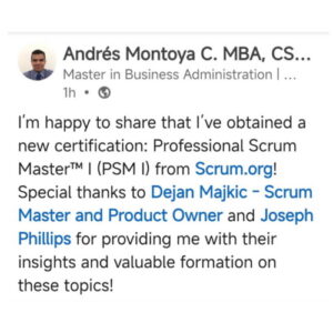 Andres Montoya Scrum Course Testimonial